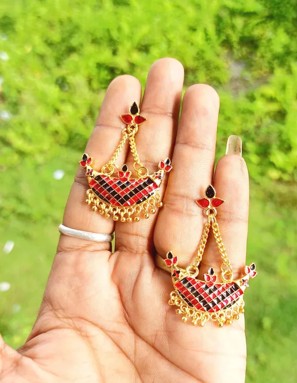 (Pack_Of_2)_Assamese_Traditional_Copper_Gold_Plated_Red_Black_Colour_Jhumki_Earring_For_Girls_&_Women
